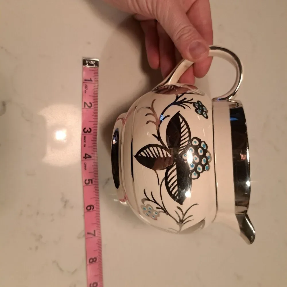 Arthur Wood England Pitcher Creamer Platinum Leaves Trim Blue Aqua Dots Vintage